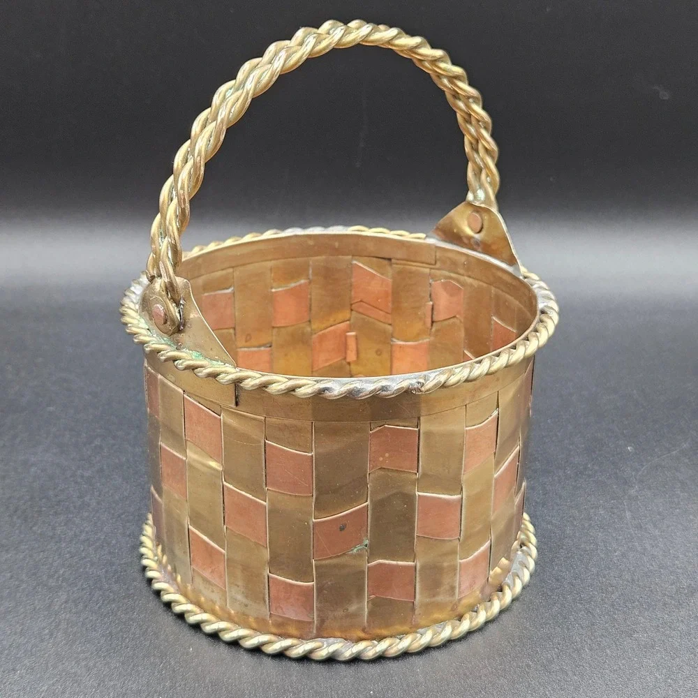 Vintage Penco Brass and Copper Woven Basket Twisted Handle Made in India 6in
